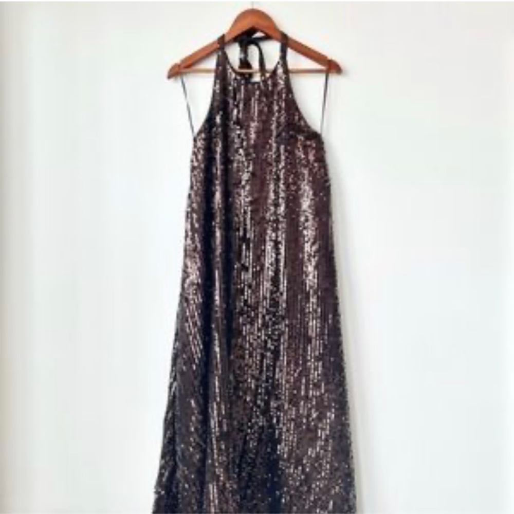 Zara Chocolate Brown Sequin Halter Maxi Dress - Picture 6 of 6